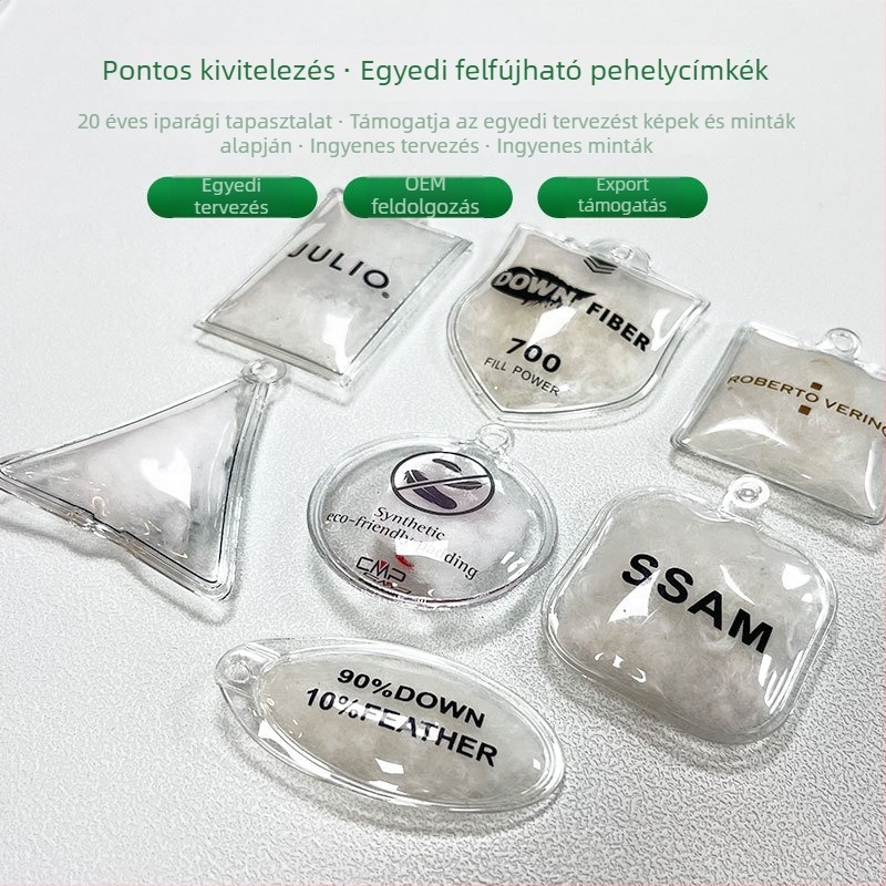 Személyre szabott selyem feltöltő logó címke, átlátszó fehér kacsa tollakkal, PVC töltőtasak