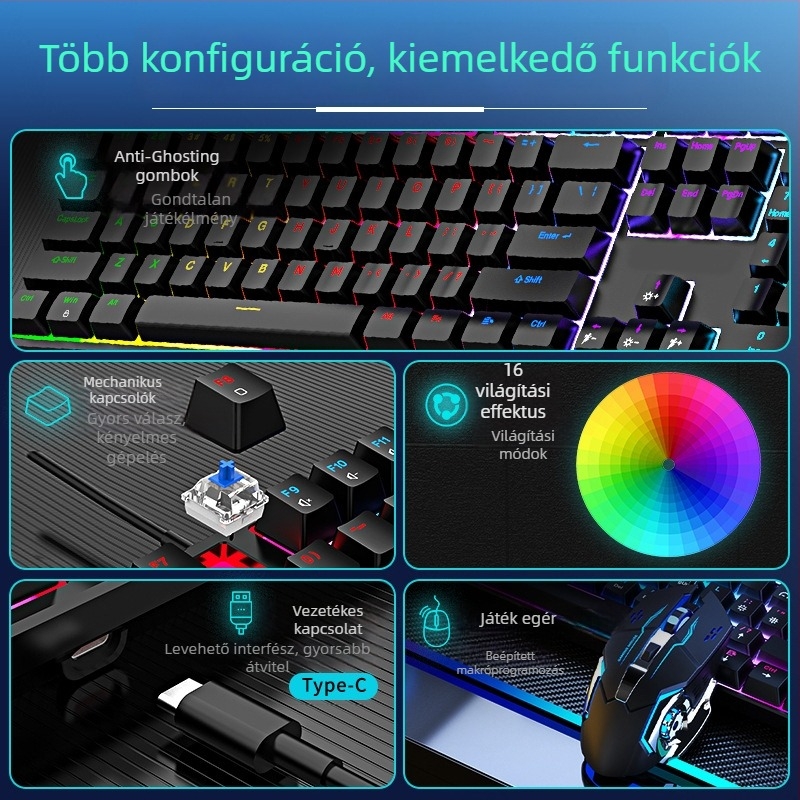Vezetékes mechanikus billentyűzet RGB háttérvilágítással, kék kapcsolóval, 104 billentyű, játékra és irodai használatra
