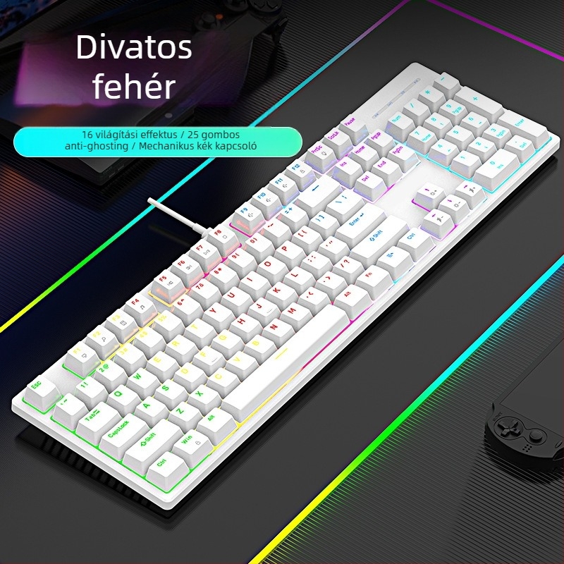 Vezetékes mechanikus billentyűzet RGB háttérvilágítással, kék kapcsolóval, 104 billentyű, játékra és irodai használatra