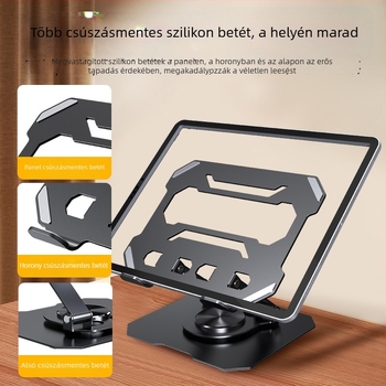 Fém asztali tartó tabletek és okostelefonok számára, 360°-os forgatás, összecsukható és állítható.