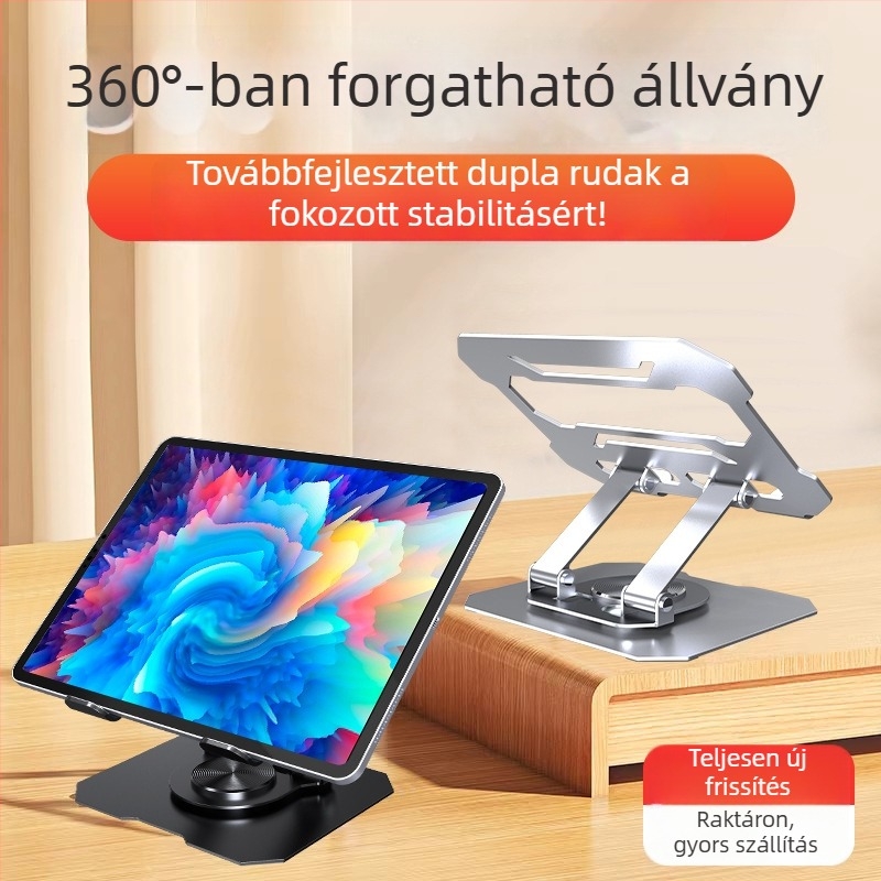 Fém asztali tartó tabletek és okostelefonok számára, 360°-os forgatás, összecsukható és állítható.