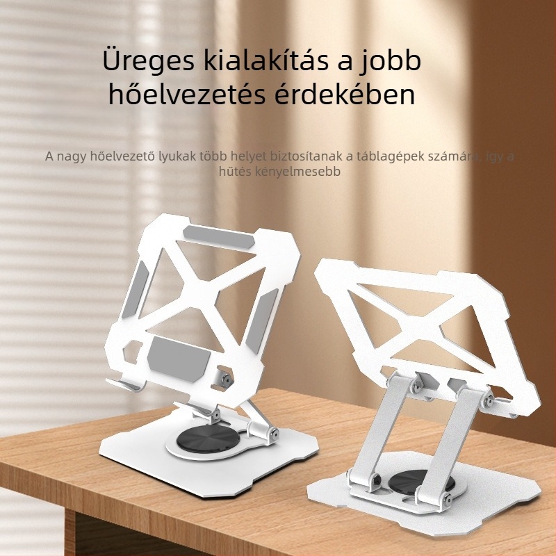 Fém asztali tartó tabletek és okostelefonok számára, 360°-os forgatás, összecsukható és állítható.
