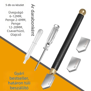 Üvegvágó készlet olajjal töltött markolattal és fekete markolattal, gyémántcsúcsú penge csempék vágásához