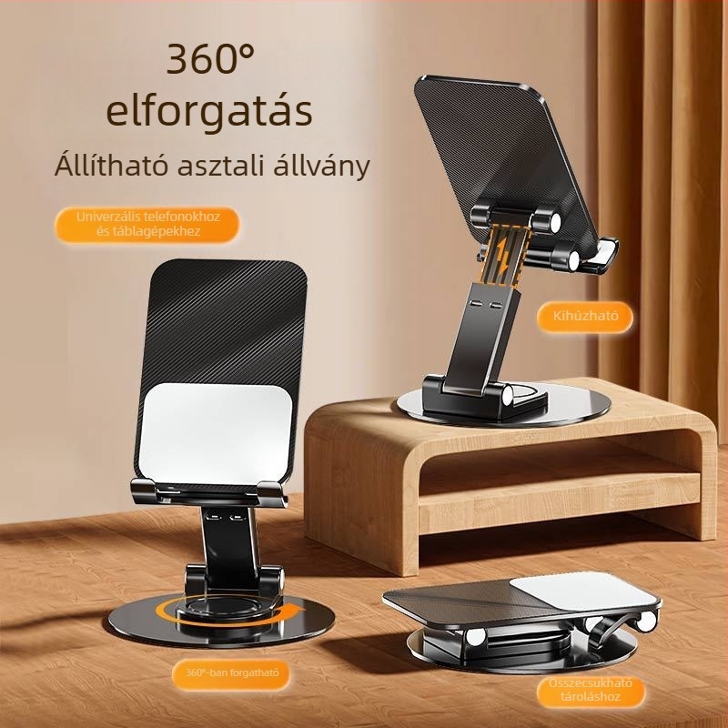 Forgatható alumíniumötvözetes asztali tartó telefonhoz és tabletához, összecsukható, többfunkciós