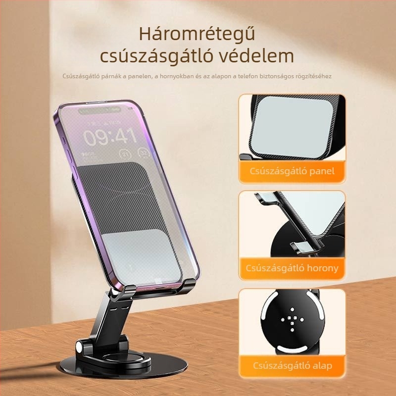 Forgatható alumíniumötvözetes asztali tartó telefonhoz és tabletához, összecsukható, többfunkciós