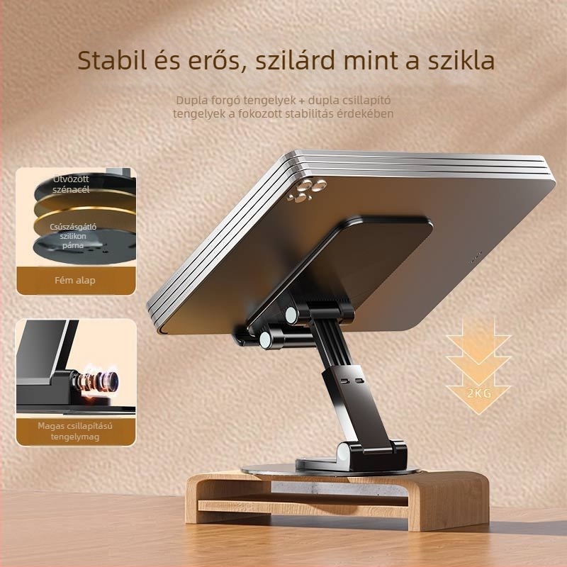 Forgatható alumíniumötvözetes asztali tartó telefonhoz és tabletához, összecsukható, többfunkciós