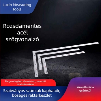 Rozsdamentes acélból készült szögmérő faragáshoz, 90° alapú, L alakú acél vonalzó