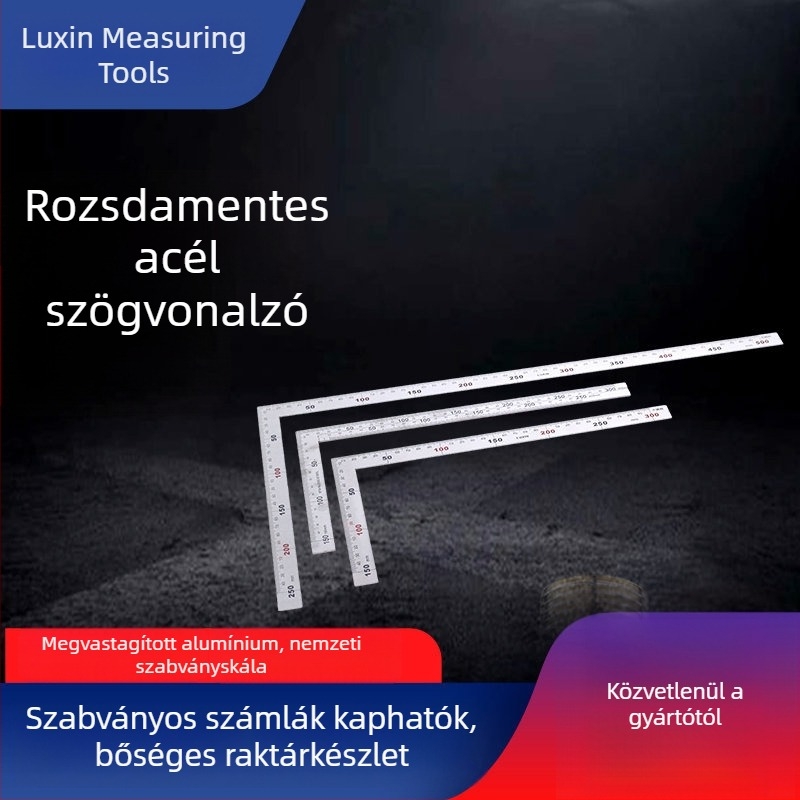 Rozsdamentes acélból készült szögmérő faragáshoz, 90° alapú, L alakú acél vonalzó