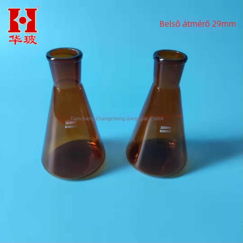 Barna háromszög alakú Erlenmeyer lombik boroszilikát üvegből, 100 ml / 150 ml / 250 ml, hőálló