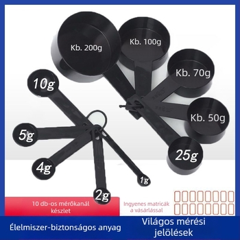 Műanyag konyhai mérőkanalak, kis méretű sómérő kanállal és mérőedénnyel