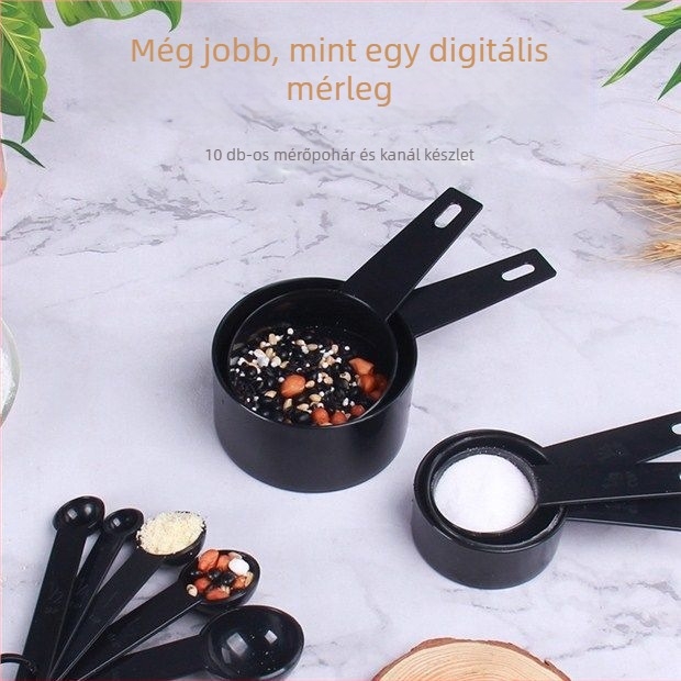 Műanyag konyhai mérőkanalak, kis méretű sómérő kanállal és mérőedénnyel