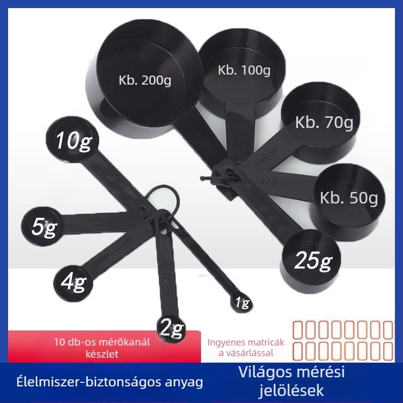 Műanyag konyhai mérőkanalak, kis méretű sómérő kanállal és mérőedénnyel