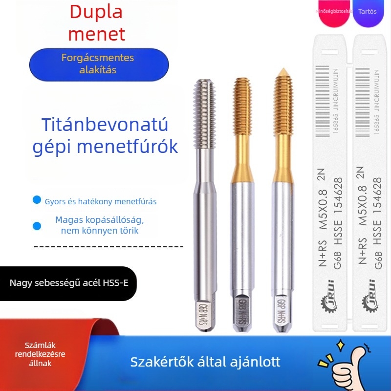 JRUI Kétszárnyas menetfúró, titán bevonat, extrudáló menetfúró, 2N, M5/M6/M8, 1/4-20