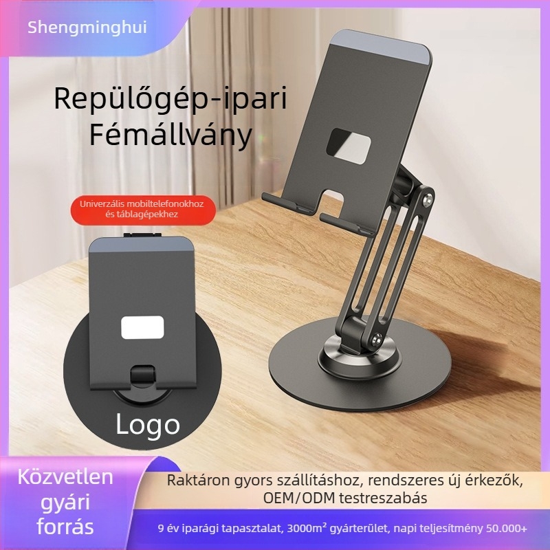 Állítható magasságú, fém asztali telefon- és tabletatartó, forgatható