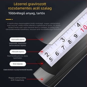 Önzáró acél mérőszalag fekete házzal, 5 m hossz, ütésálló kivitel, nagy pontosságú szalag