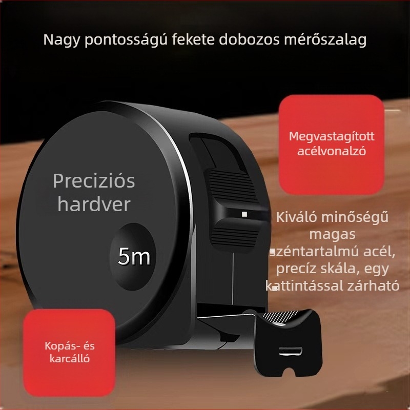 Önzáró acél mérőszalag fekete házzal, 5 m hossz, ütésálló kivitel, nagy pontosságú szalag