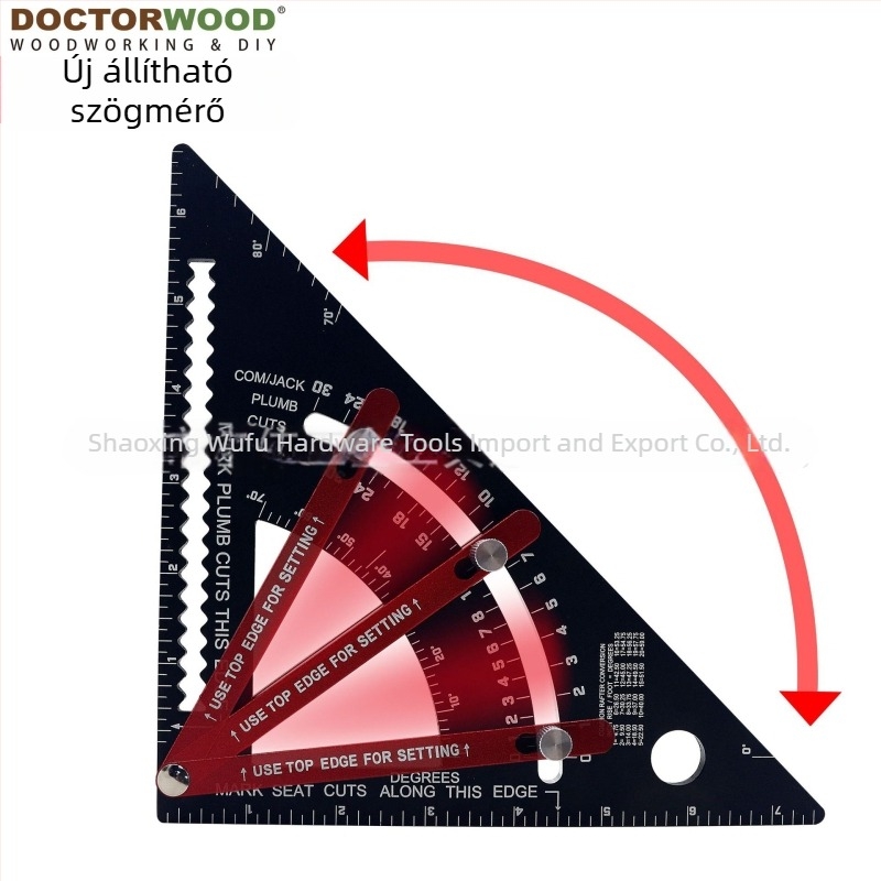 DOCTORWOOD Állítható háromszögvonalzó alumínium ötvözetből – faipari méréshez és tervezéshez
