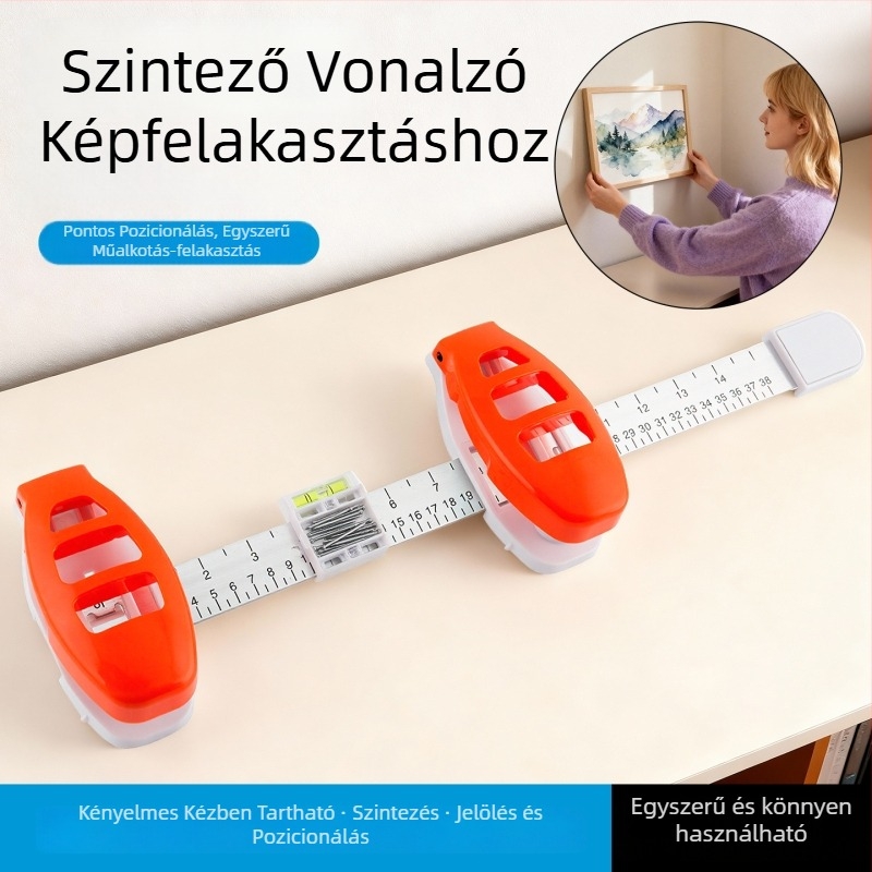 Többfunkciós kép felakasztásához tervezett pozicionáló vonalzó és szintkészülék otthoni használatra és famegmunkáláshoz
