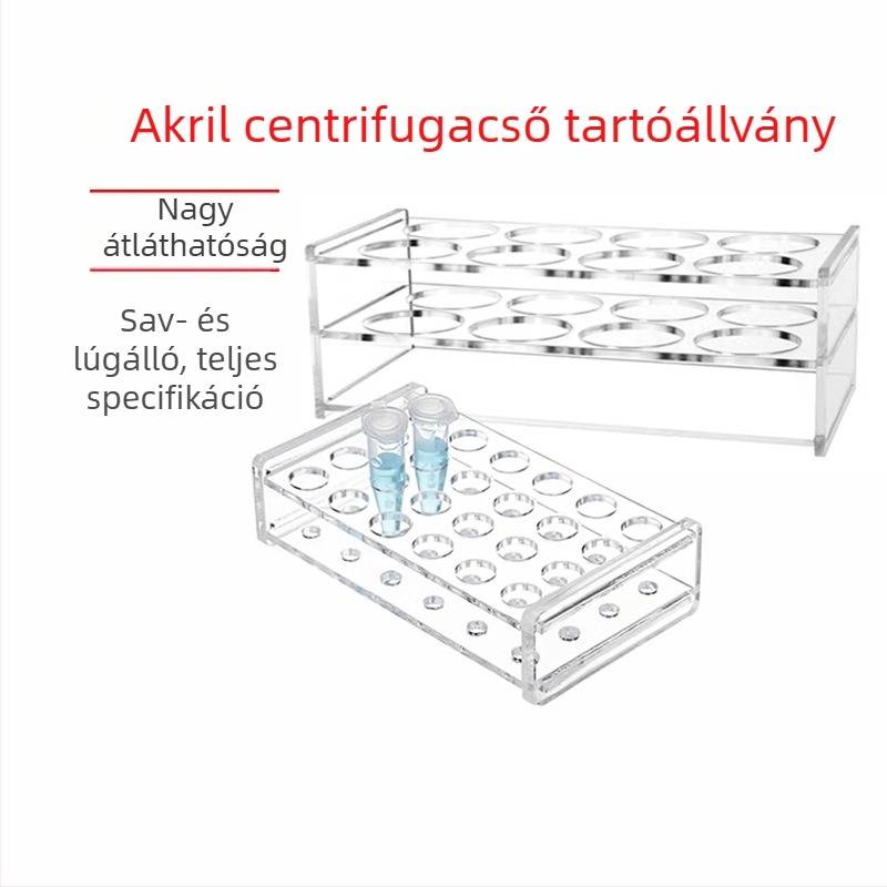 Plexi üveg centrifugális cső- és próbacső tartó, sav- és lúgálló, tartós, 0.2/0.5/1.5/5/10/15/50/100 ml