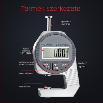 0–12,7 mm vastagságmérő, mini digitális vastagságmérő, zsebméretű kivitel digitális kijelzővel