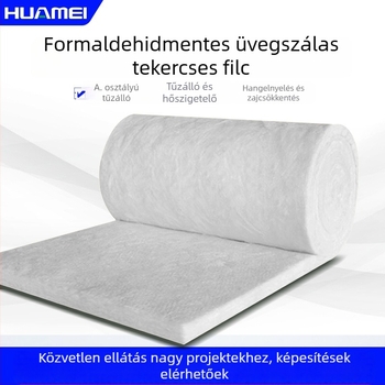 Formaldehid-mentes üvegszálas gyapot tekercs hang- és hőszigeteléshez, környezetbarát, A1-osztályú tűzálló, centrifugális Huamei üveggyapotfilc