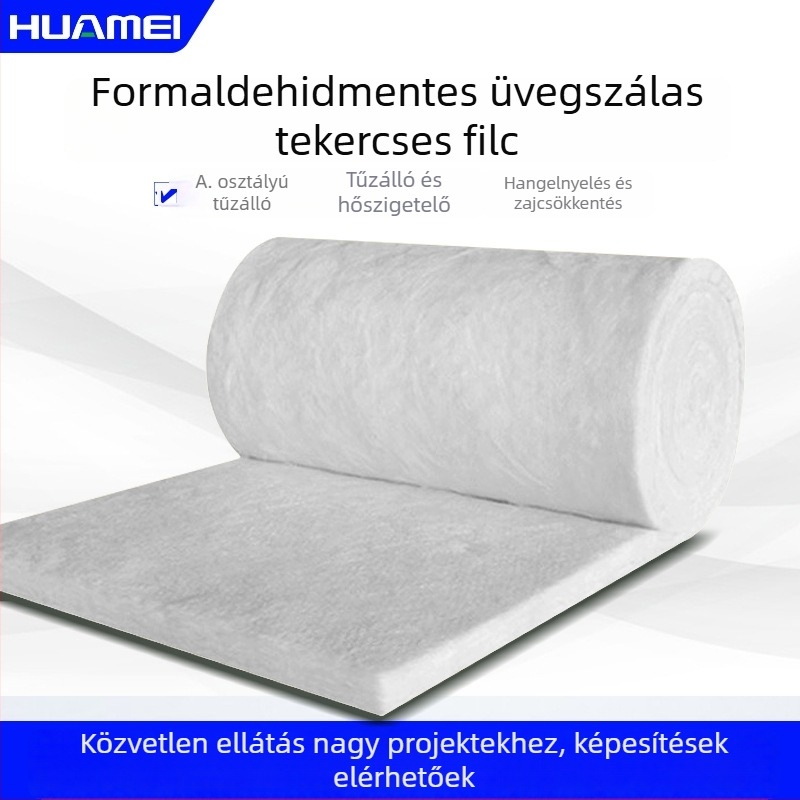 Formaldehid-mentes üvegszálas gyapot tekercs hang- és hőszigeteléshez, környezetbarát, A1-osztályú tűzálló, centrifugális Huamei üveggyapotfilc