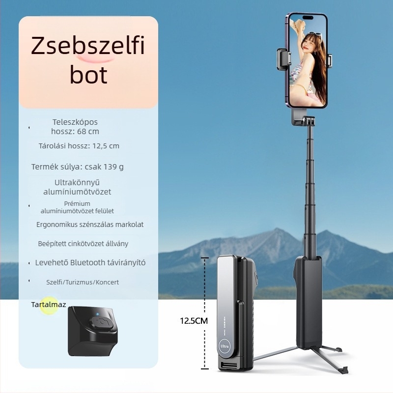 Bluetoothos mini selfie bot – hordozható telefon-tartó, rezgésmentesítő stabilizátor kültéri élő közvetítéshez