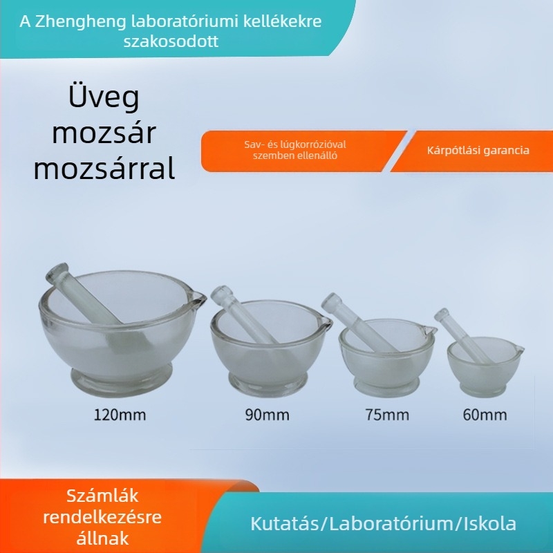 Üveg mozsár és őrlőpálca készlet, gyógyszeres tál és üveg őrlőedény, átmérő 60/75/90/120/150 mm