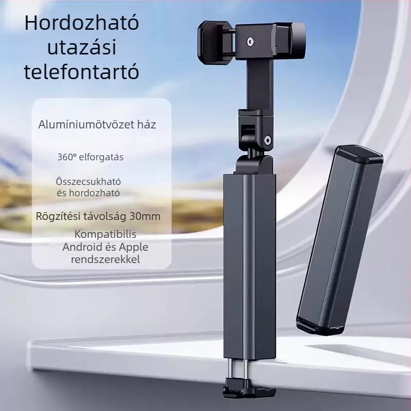 Utazó telefon-tartó, hordozható, 360°-os forgás, asztali felvételi állvány, összecsukható