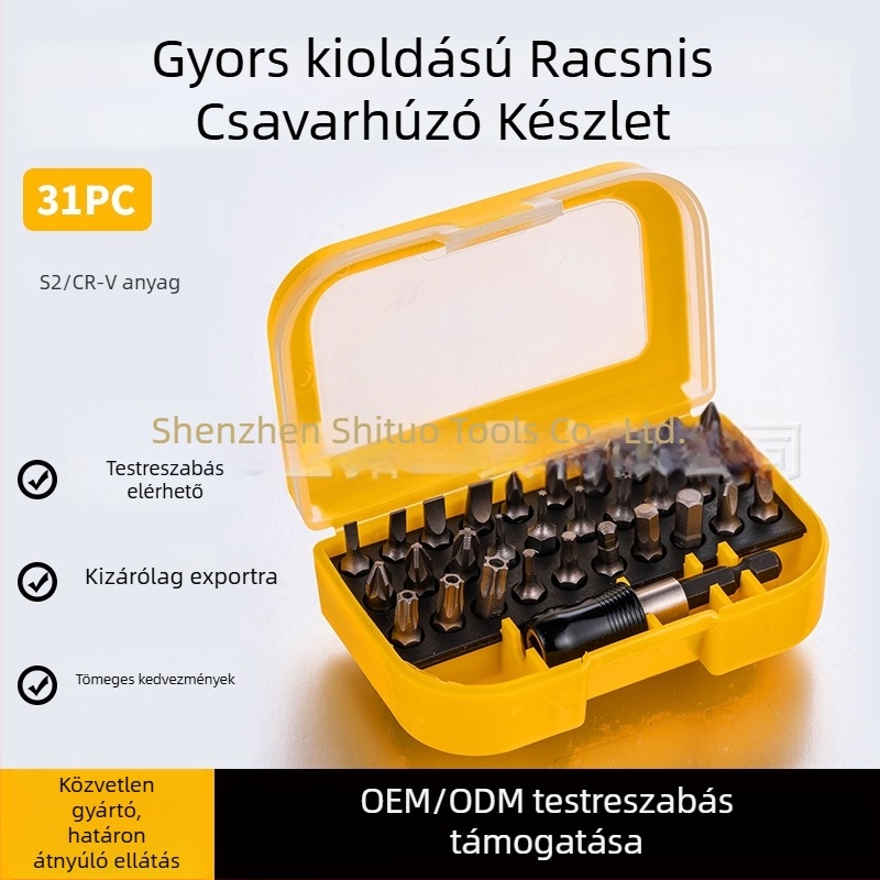 Háztartási használatra készült elektromos csavarhúzó bitkészlet, kereszthfejű és laposfejű bitek, hatszögletű (Allen) bitek, ipari minőségű javítóeszköz