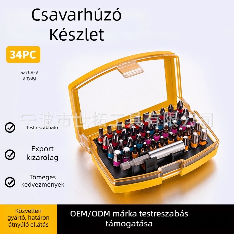 Háztartási használatra készült elektromos csavarhúzó bitkészlet, kereszthfejű és laposfejű bitek, hatszögletű (Allen) bitek, ipari minőségű javítóeszköz