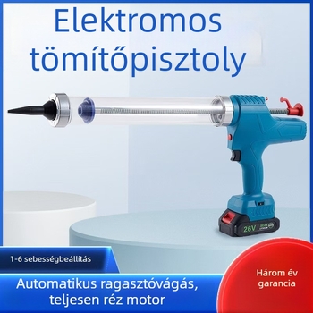 Tölthető elektromos szilikon tömítőpisztoly, egycsöves felépítés, univerzális puha és kemény tömítőanyagokhoz, automatikus áramlás megállítás, lítium akkumulátorral