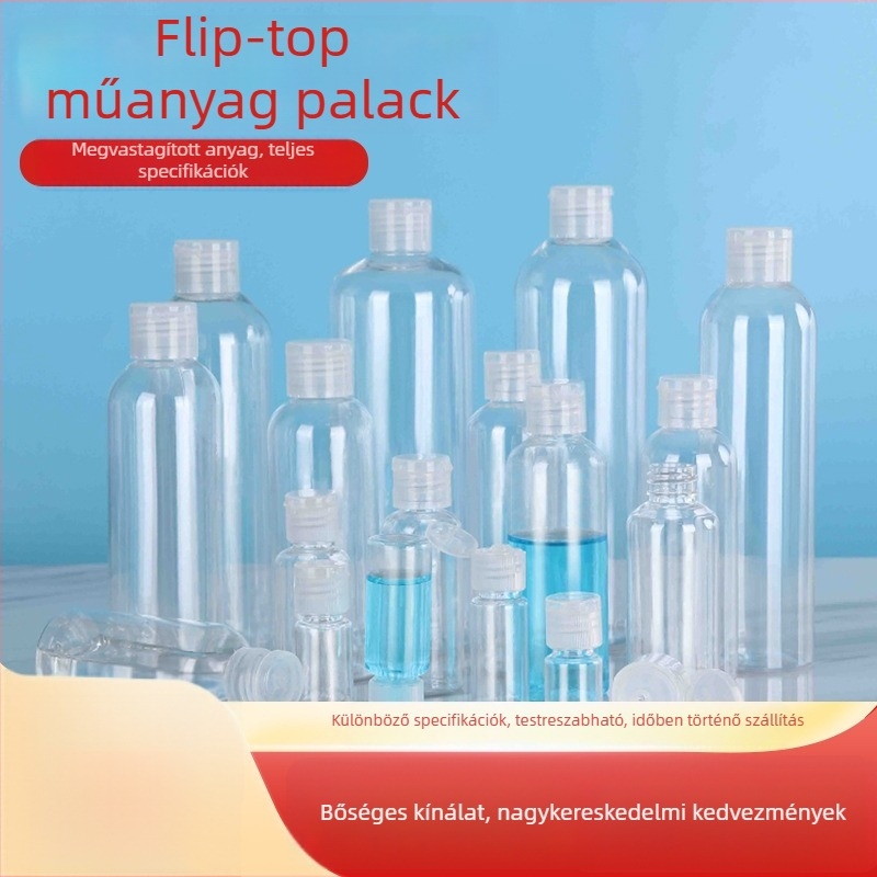 Testreszabható átlátszó műanyag nyomóflakon flip-top fedővel, samponhoz és tusfürdőhöz, utazási méretek