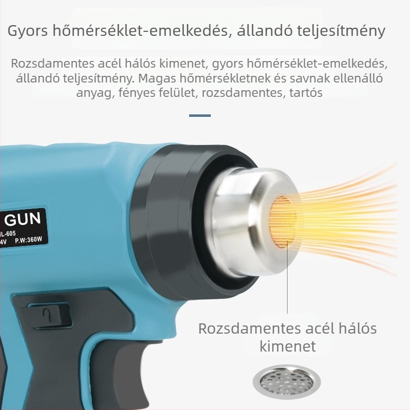 Töltővel ellátott lítium akkumulátoros forrólevegős pisztoly autófilmhez, állítható hőmérséklet, 4 fúvóka
