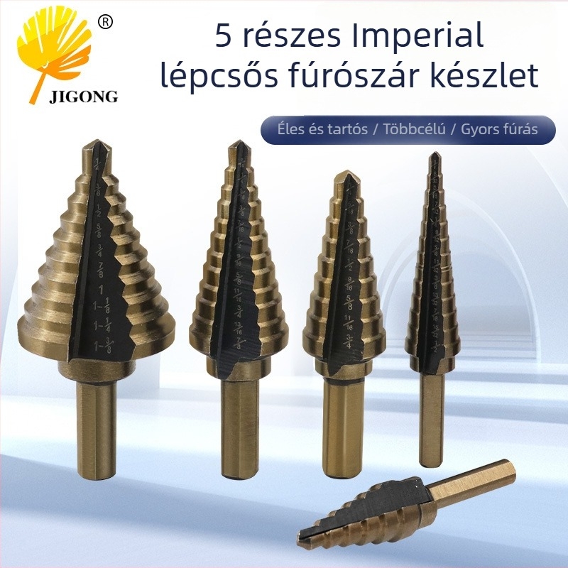 5 darabos imperial lépcsőfúró készlet alumínium dobozban; lépcsőfúrók acéllemezhez; spirál fúró; reamer; deburring
