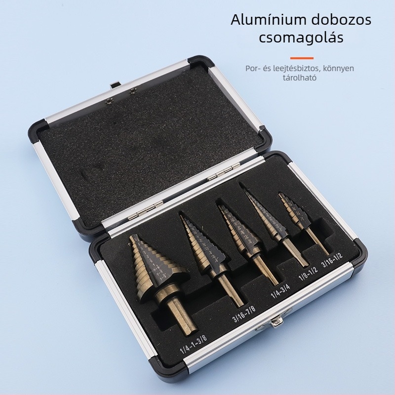 5 darabos imperial lépcsőfúró készlet alumínium dobozban; lépcsőfúrók acéllemezhez; spirál fúró; reamer; deburring