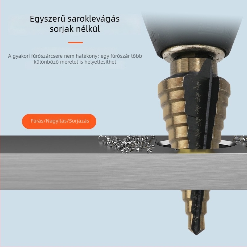 5 darabos imperial lépcsőfúró készlet alumínium dobozban; lépcsőfúrók acéllemezhez; spirál fúró; reamer; deburring