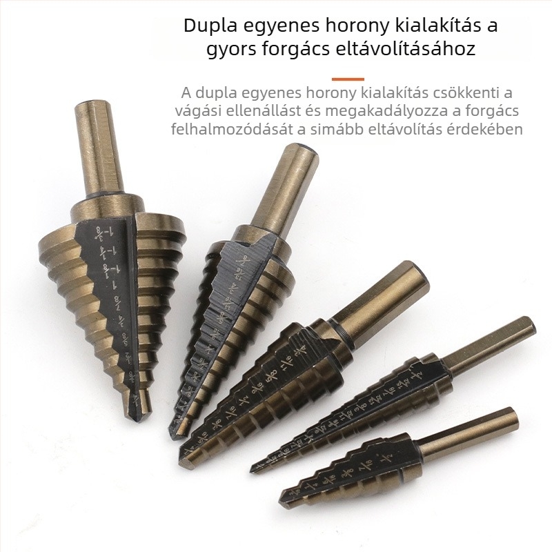 5 darabos imperial lépcsőfúró készlet alumínium dobozban; lépcsőfúrók acéllemezhez; spirál fúró; reamer; deburring