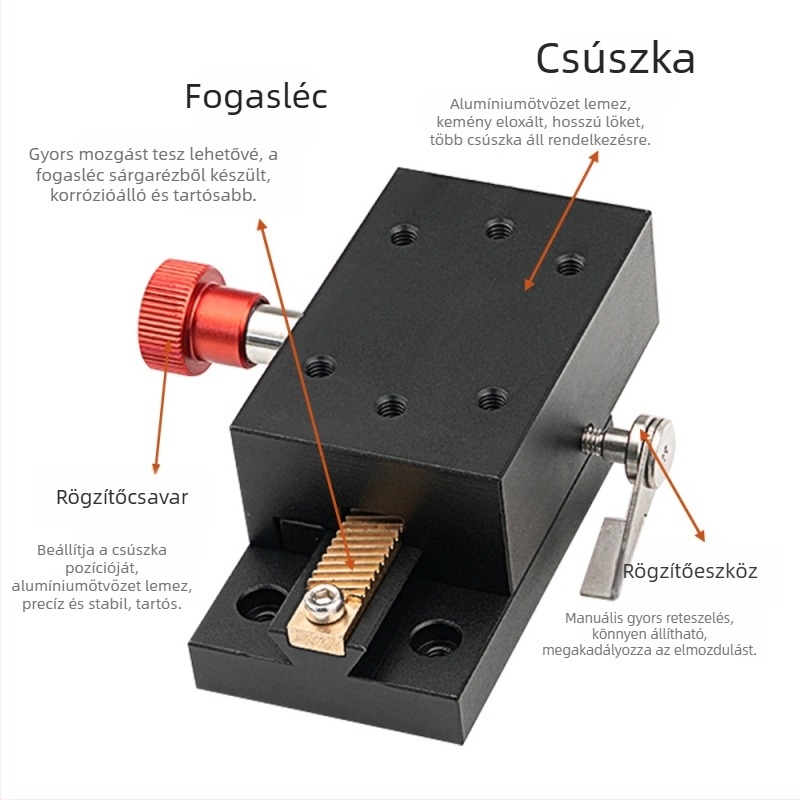 X-tengelyes dovetail csatornás csúszka, 40 mm-es löket, precíz fogaskerék-mechanizmus
