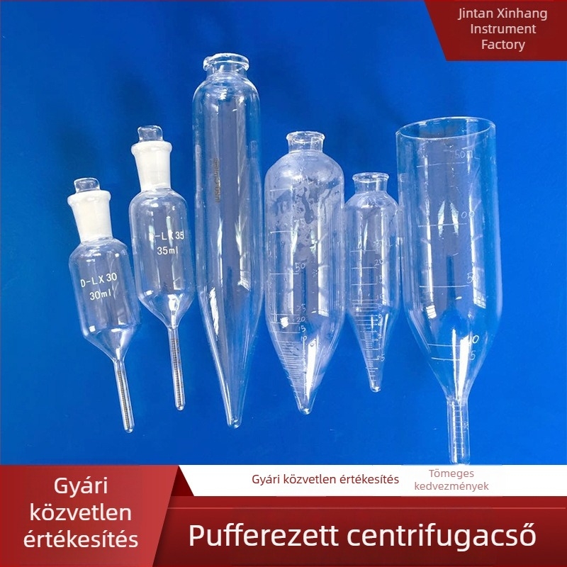 Fehér graduált üvegcentrifuga csövek és tamponos centrifugáló üvegek laboratóriumi használatra