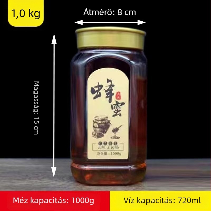 Prémium mézes üveg átlátszó, vastagított kartoncsomagolással, 0,5 kg és 1 kg mézhez