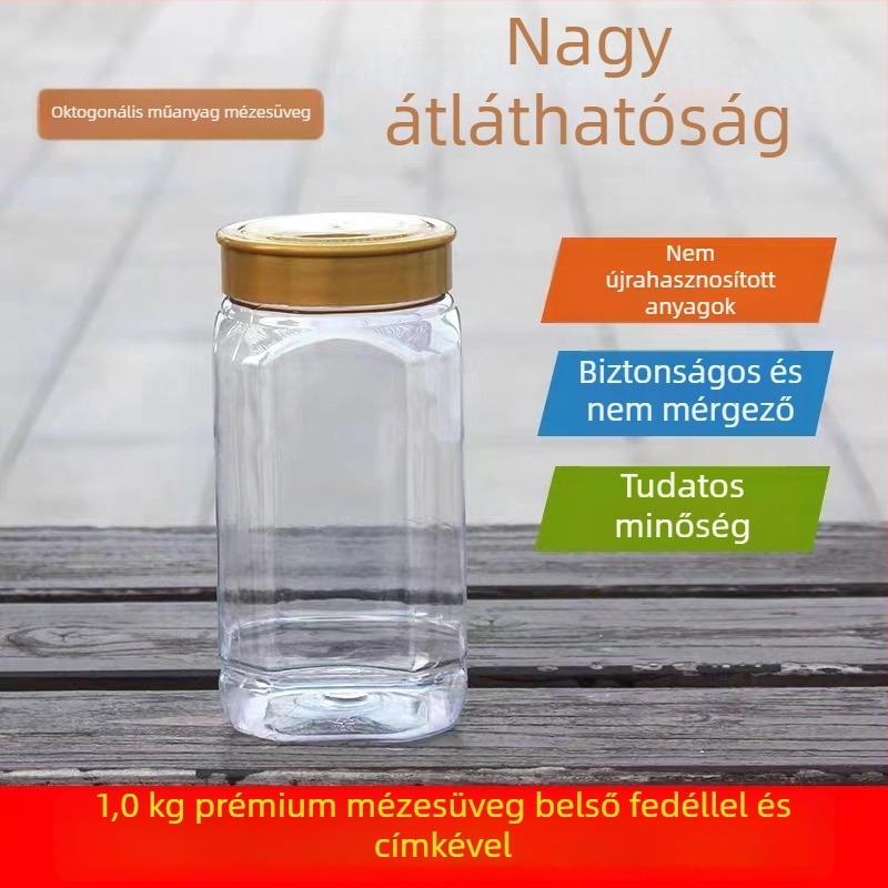 Prémium mézes üveg átlátszó, vastagított kartoncsomagolással, 0,5 kg és 1 kg mézhez