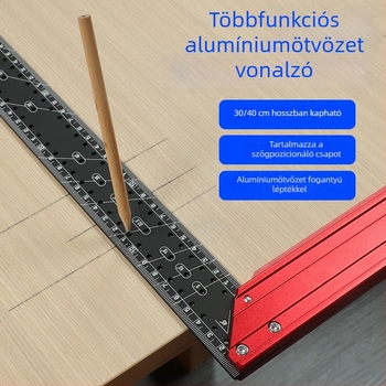 Többfunkciós 90°-os derékszögmérő, magas precizitású alumíniumötvözet, lyukakkal a jelöléshez és pozicionáláshoz, L-formájú asztalos szerszám.