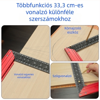 Többfunkciós 90°-os derékszögmérő, magas precizitású alumíniumötvözet, lyukakkal a jelöléshez és pozicionáláshoz, L-formájú asztalos szerszám.