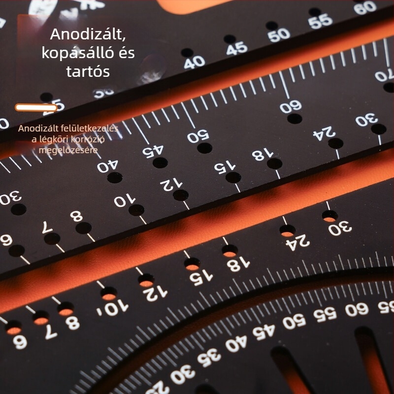 Faipari háromszög vonalzó lyukakkal, többfunkciós 90° és 45° szög mérő, nagy pontosságú mm/cm