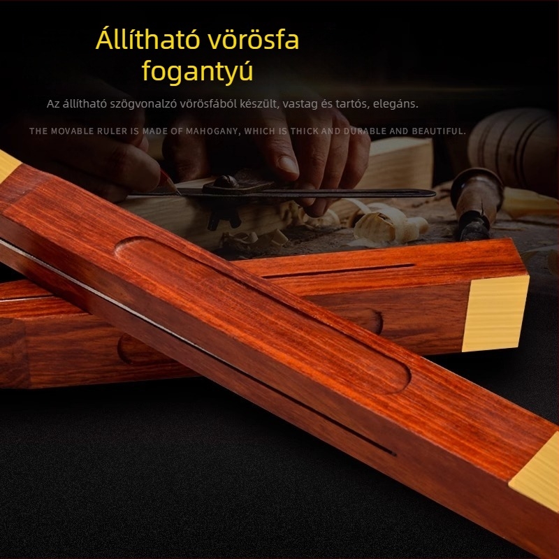 Mahagóni faburkolatú szögmérő, mozgatható 360°-ban állítható, csúszó, kiváló precízitású acél vonalzóval, kombinált mérőeszköz