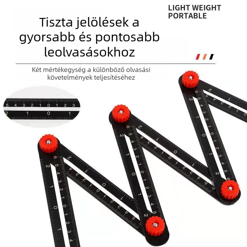 Új, többfunkciós hajtogatható vonalzó csempe elrendezéséhez és szögméréshez, hat- és tizenkét részes szekciókkal