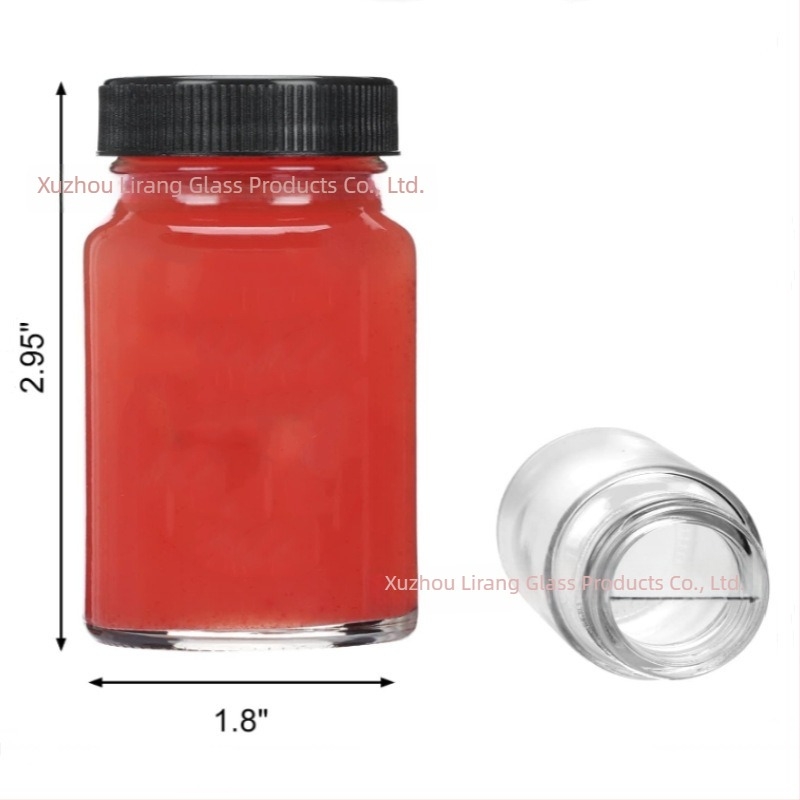 60 ml átlátszó széles szájú üveg fekete kupakkal, italokhoz, pigmentekhez és reagensekhez
