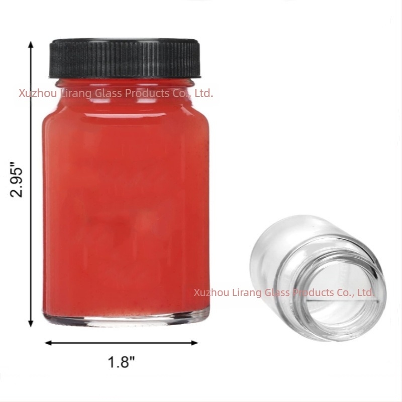60 ml átlátszó széles szájú üveg fekete kupakkal, italokhoz, pigmentekhez és reagensekhez