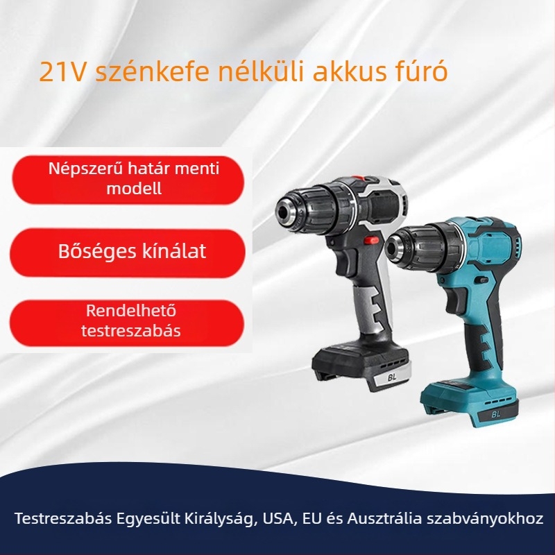 Nagy teljesítményű, vezeték nélküli, brushless motoros pisztolydrill és csavarozó, Li-ion akkumulátor, két sebesség, otthoni használatra